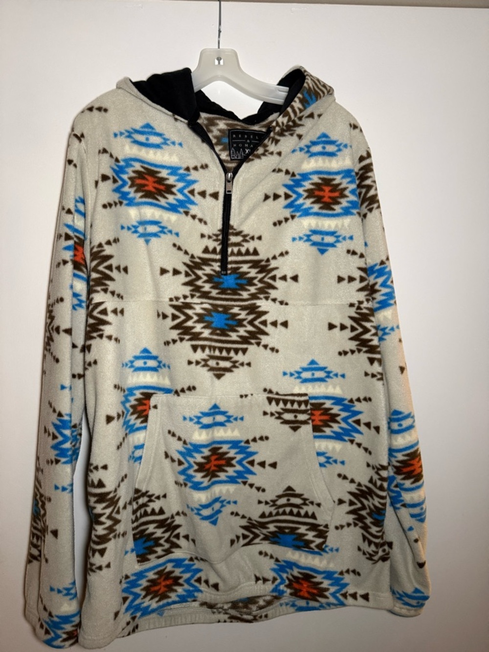 Rebels & Nomads Men XL Fleece Southwest Aztec Hooded Pullover Blue White 1/4 Zip